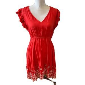 Solitaire Summer Eyelet Casual Short Sleeve Ruffle Detail Dress Deep Coral M